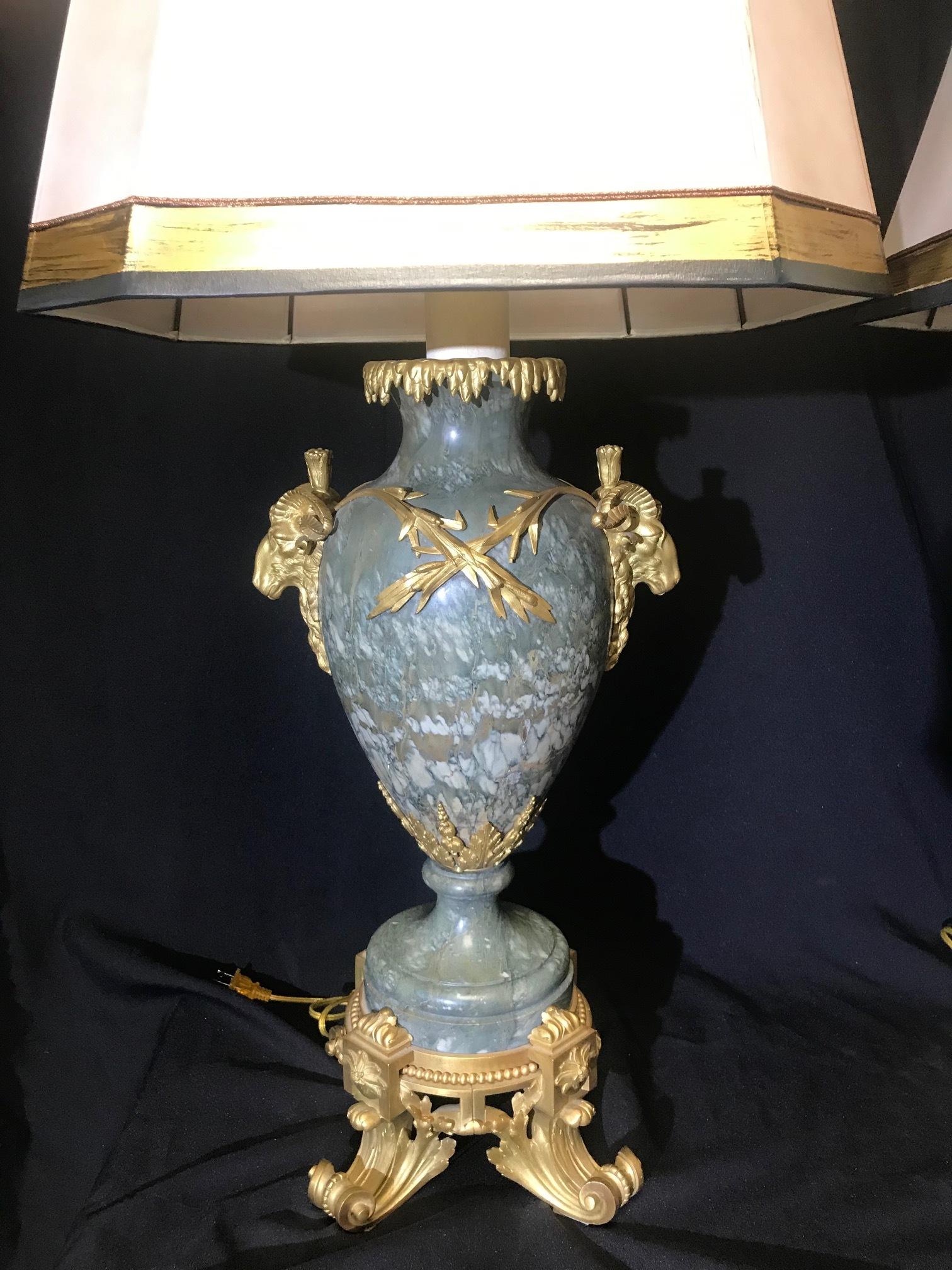 Pair of French Ormolu Mounted Marble Urns, Signed GJL In Good Condition In Cypress, CA