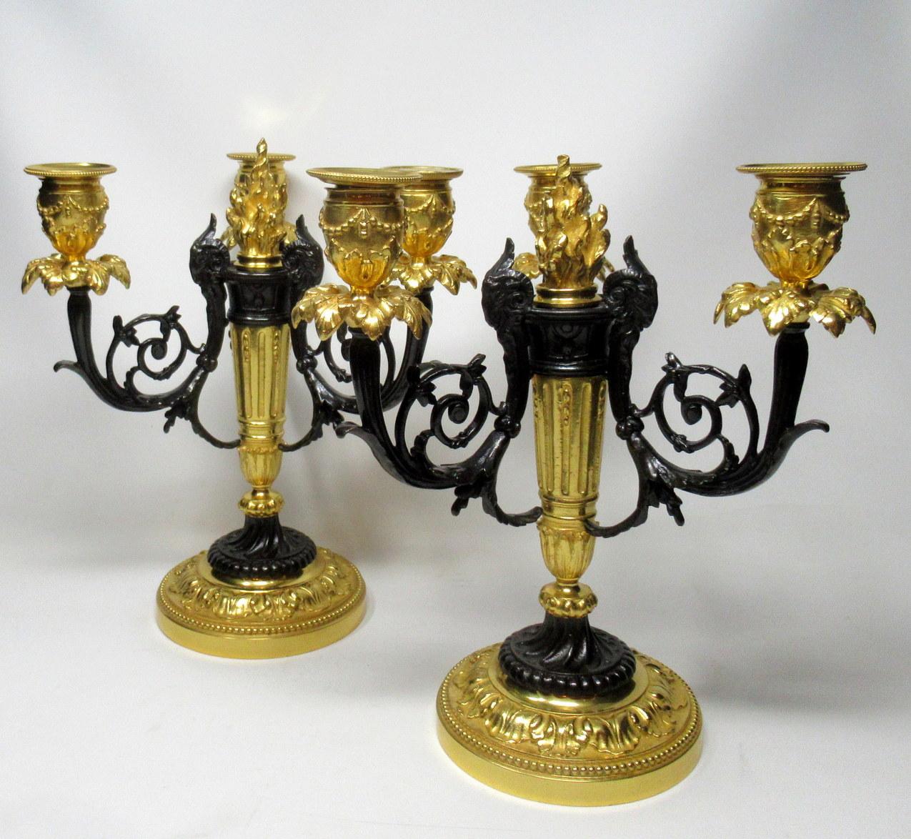 Cast Pair French Ormolu Bronze Dore Three Light Candelabra Candlesticks 19th Century
