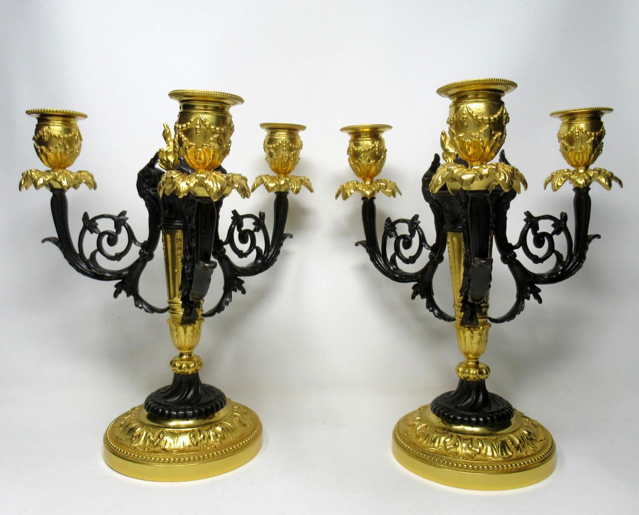 Pair French Ormolu Bronze Dore Three Light Candelabra Candlesticks 19th Century In Good Condition In Dublin, Ireland