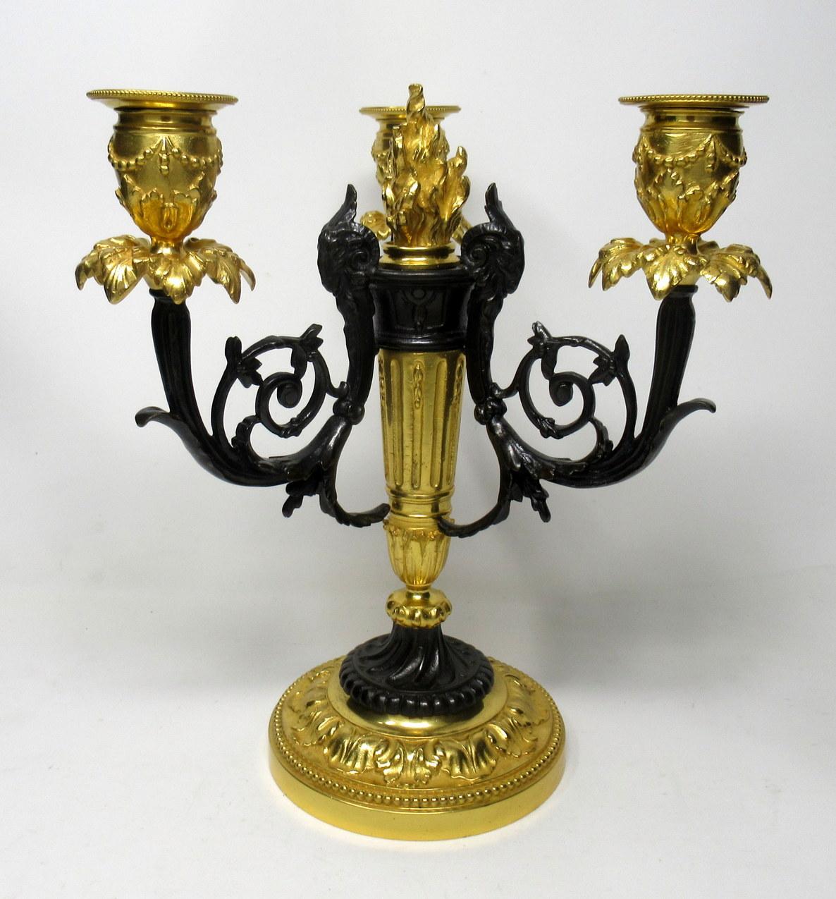 Pair French Ormolu Bronze Dore Three Light Candelabra Candlesticks 19th Century 1