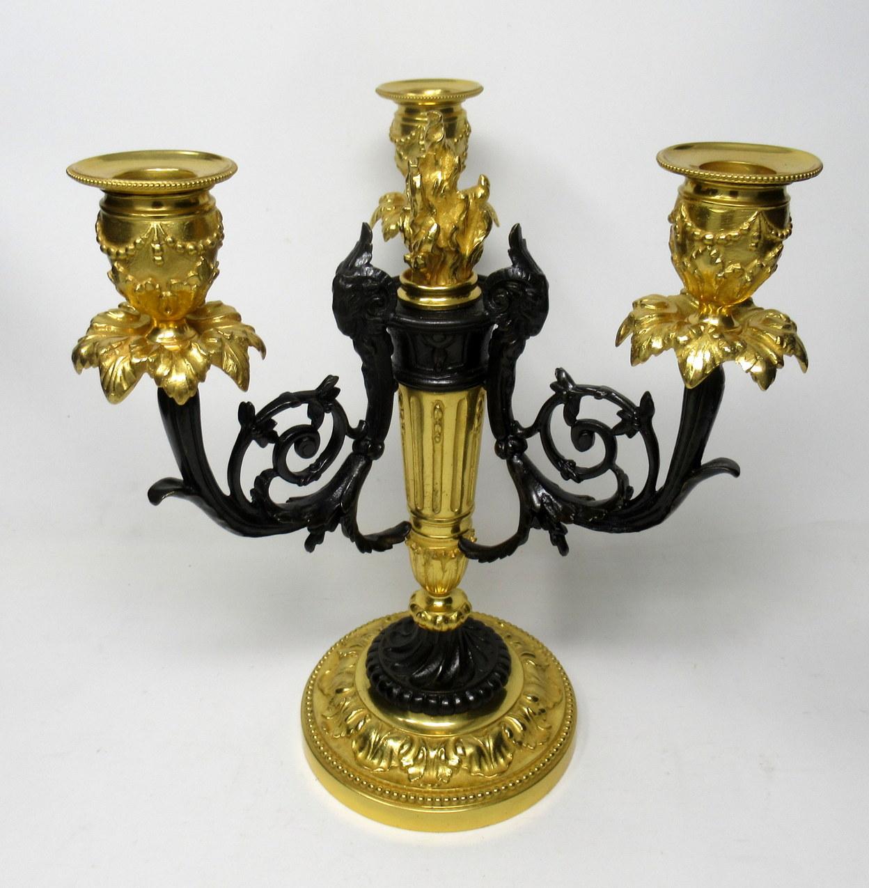 Pair French Ormolu Bronze Dore Three Light Candelabra Candlesticks 19th Century 2