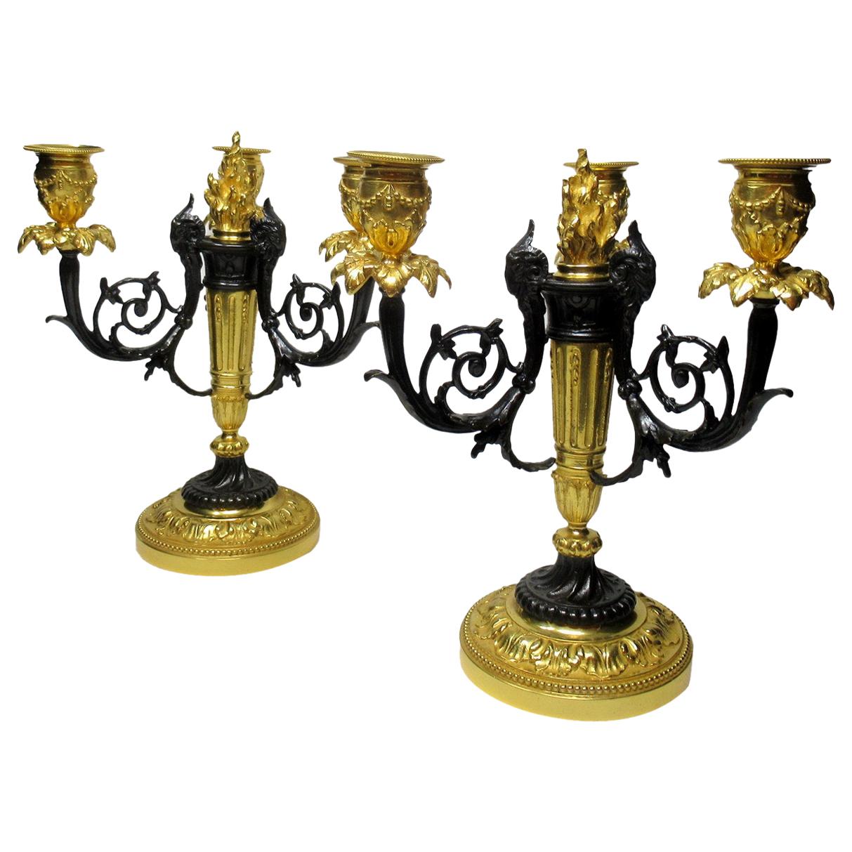 Pair French Ormolu Bronze Dore Three Light Candelabra Candlesticks 19th Century