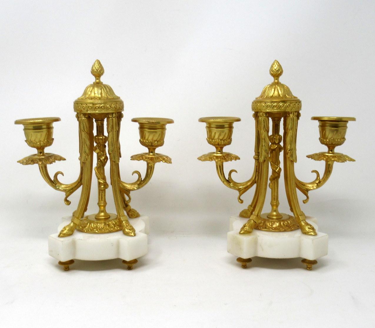 Grand Tour Pair of French Ormolu White Marble Twin Arm Garniture Candelabra Candlesticks