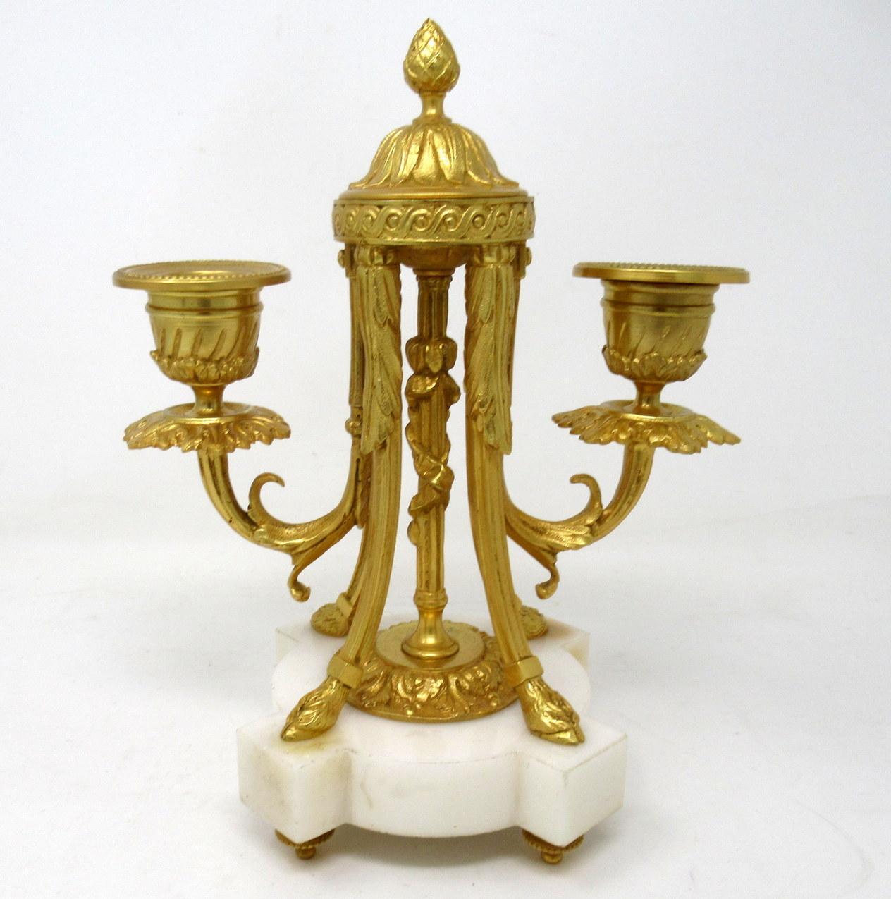 19th Century Pair of French Ormolu White Marble Twin Arm Garniture Candelabra Candlesticks