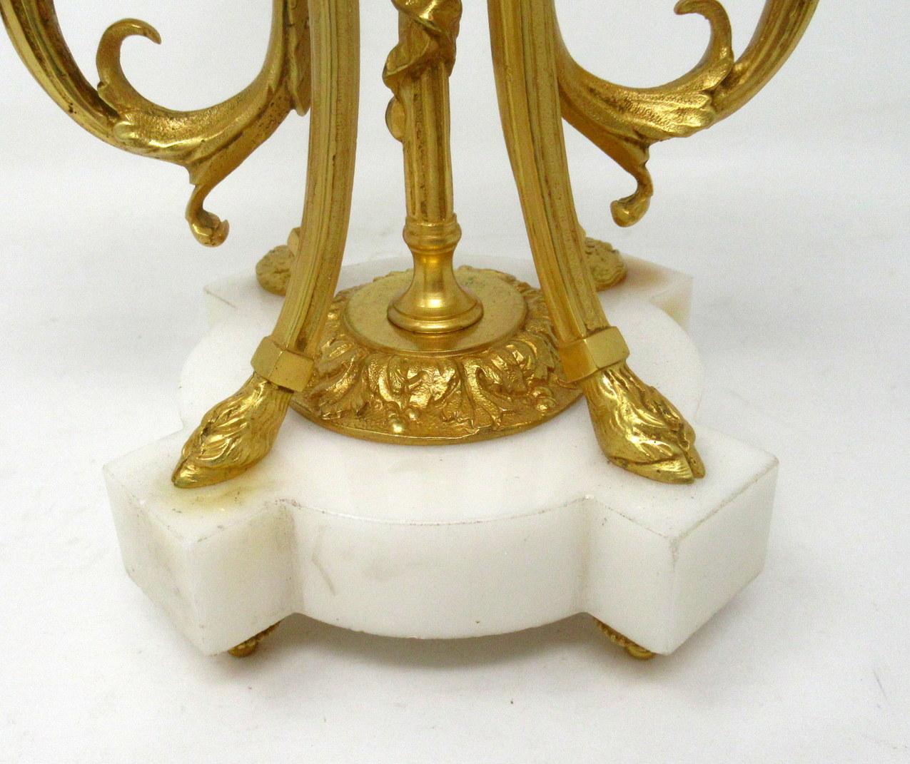 Bronze Pair of French Ormolu White Marble Twin Arm Garniture Candelabra Candlesticks
