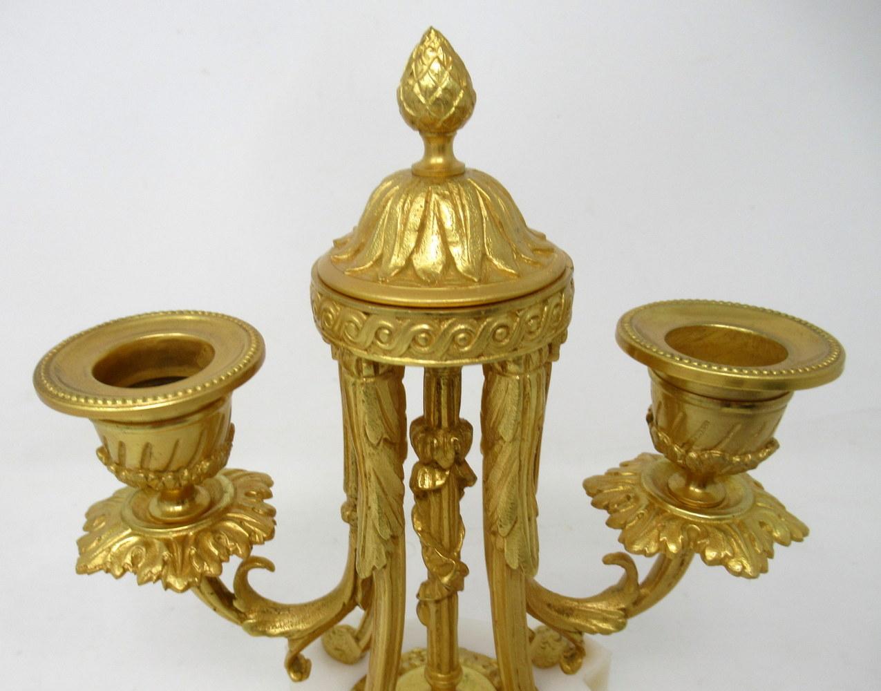 Pair of French Ormolu White Marble Twin Arm Garniture Candelabra Candlesticks 1