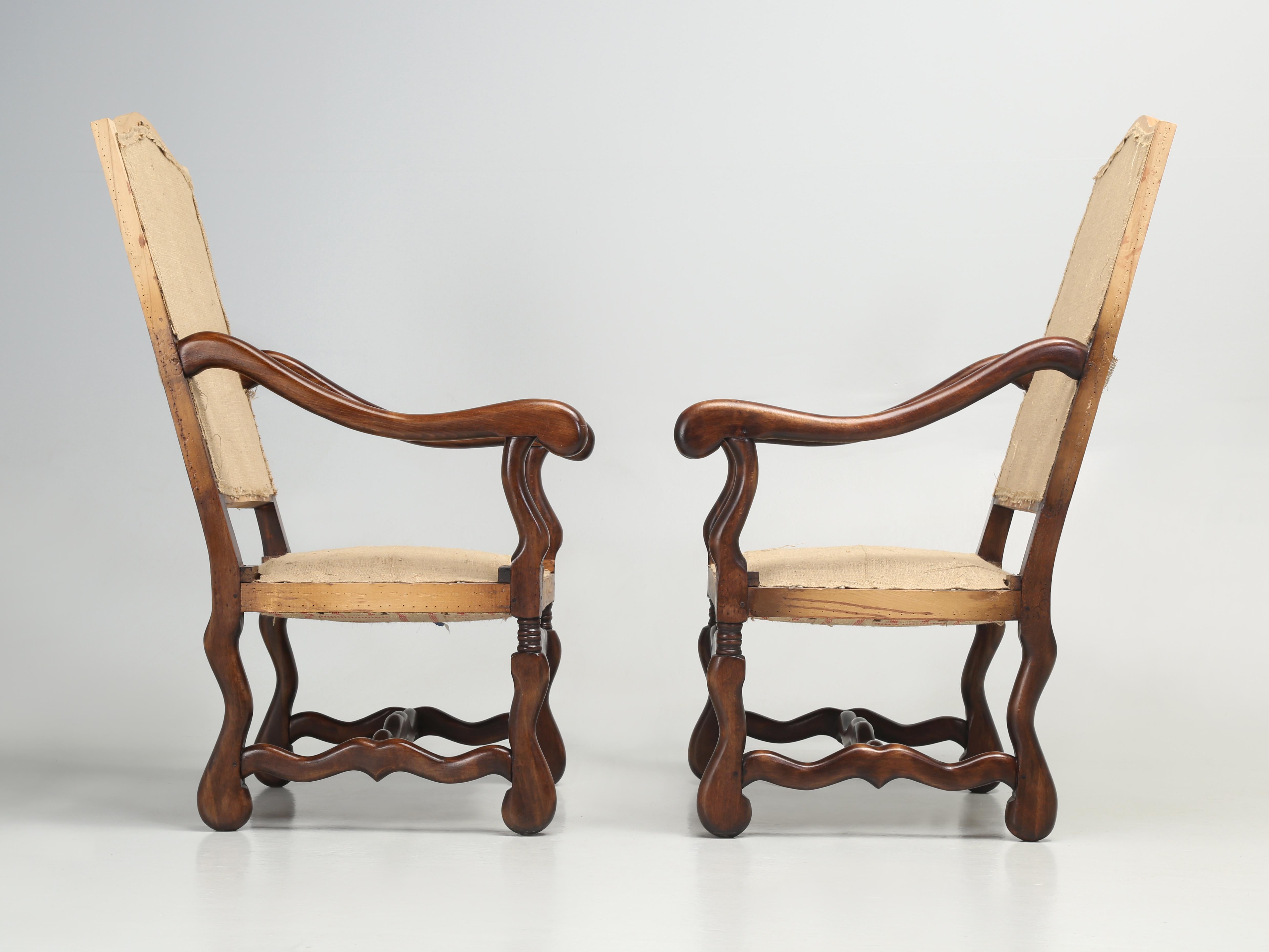 Pair French Os De Mouton Dining Arm Chairs with Restored Frames and Coil Springs For Sale 6