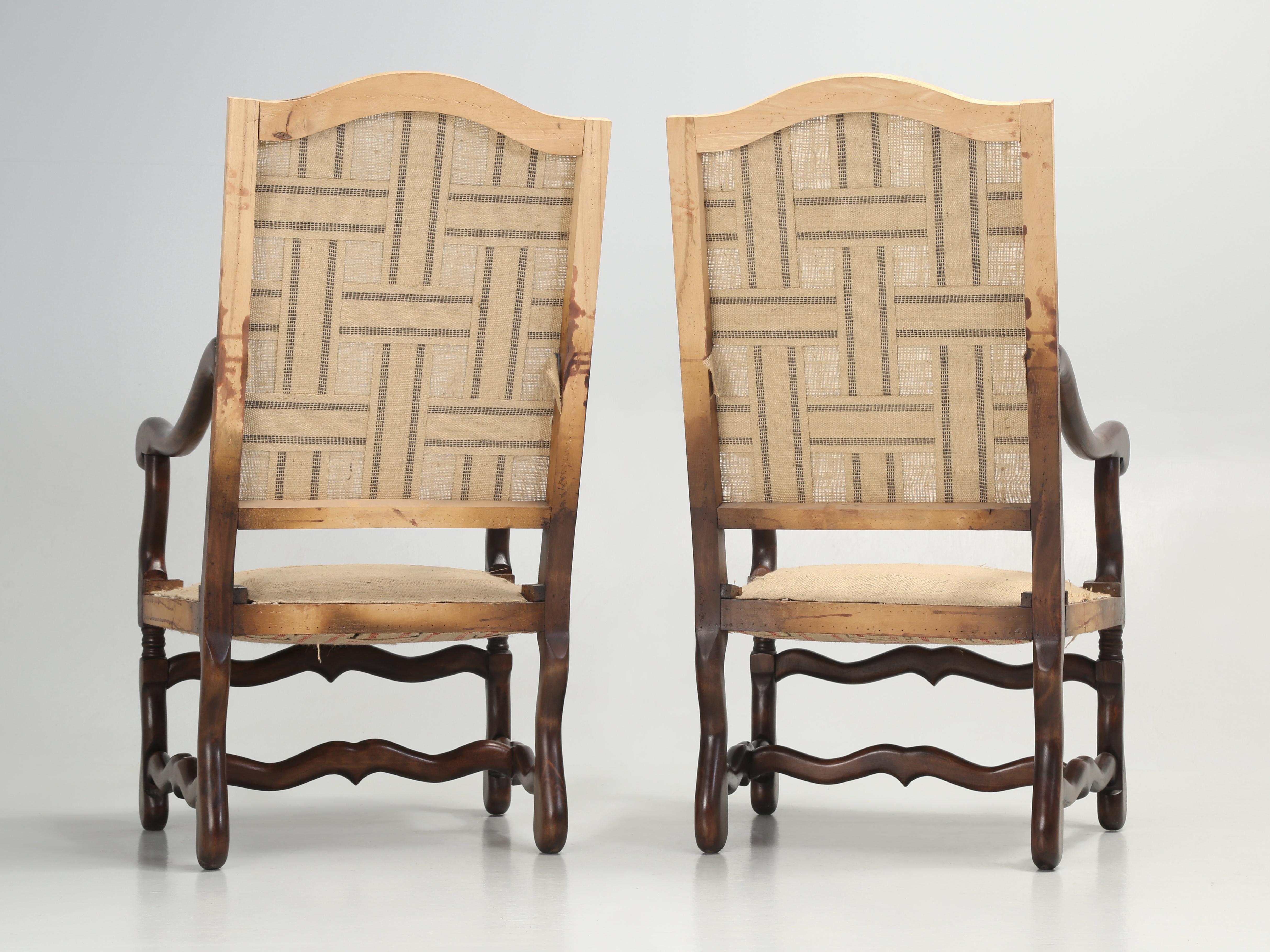 Pair French Os De Mouton Dining Arm Chairs with Restored Frames and Coil Springs For Sale 7