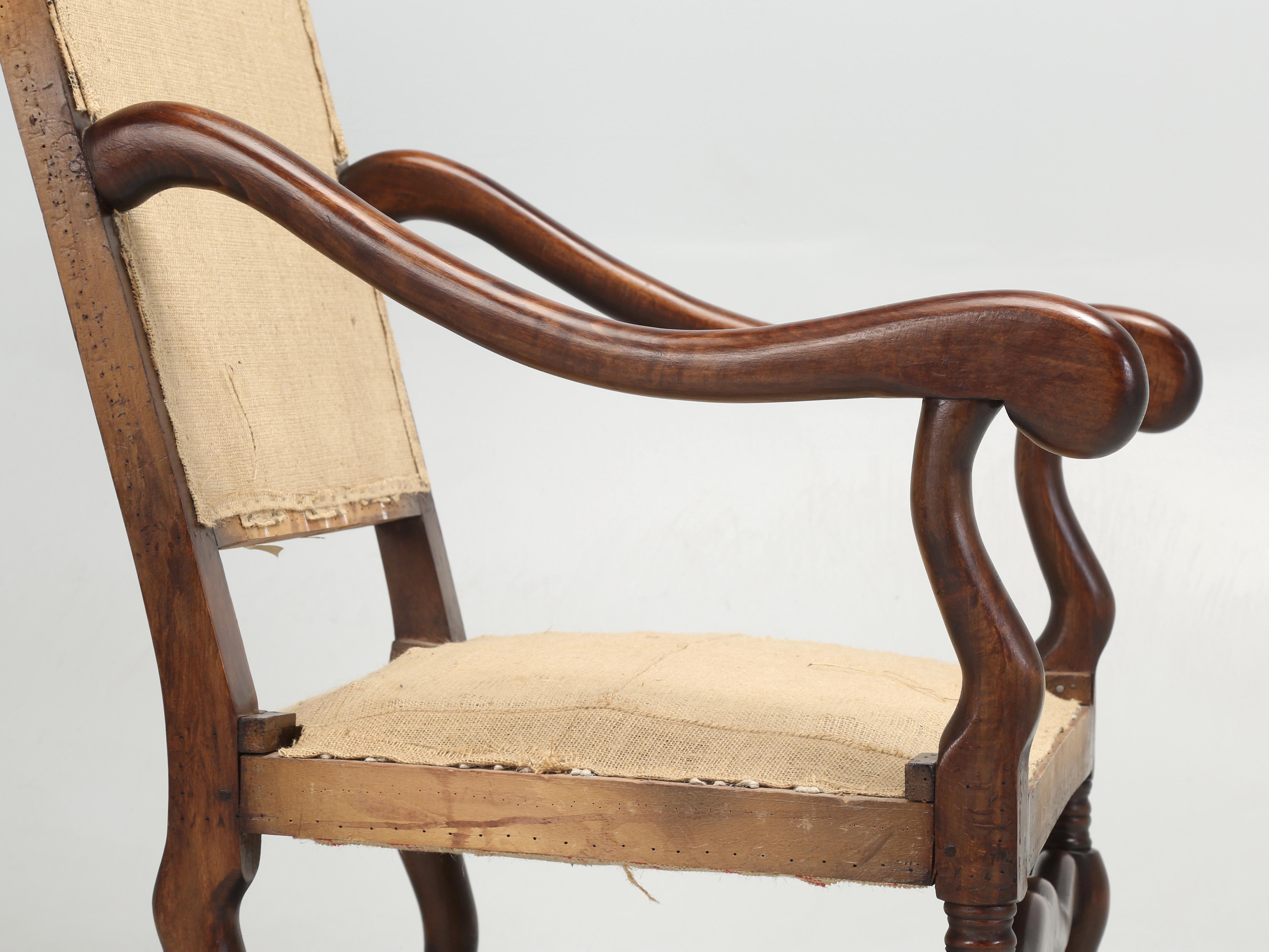 Hand-Crafted Pair French Os De Mouton Dining Arm Chairs with Restored Frames and Coil Springs For Sale