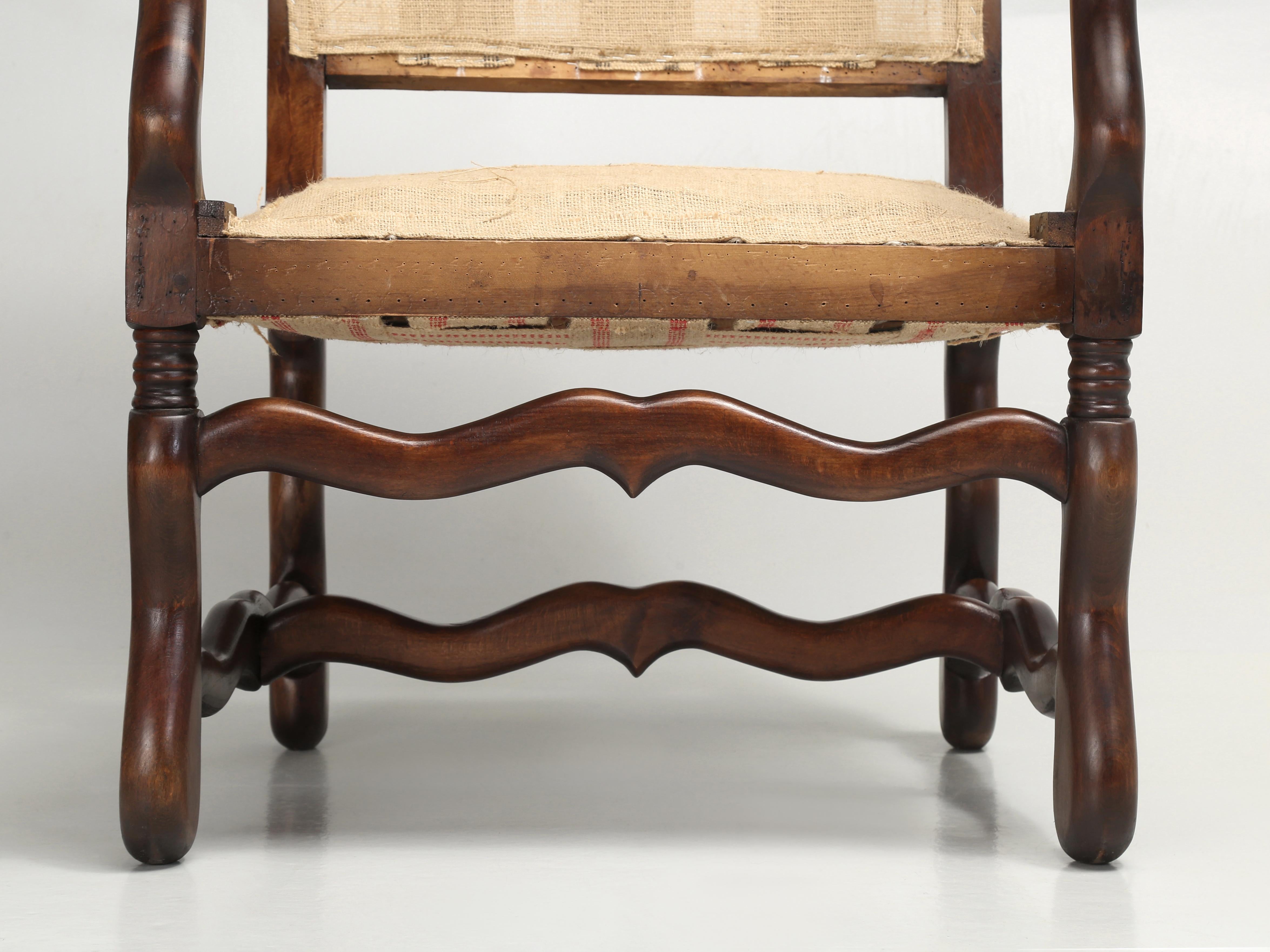 Wood Pair French Os De Mouton Dining Arm Chairs with Restored Frames and Coil Springs For Sale