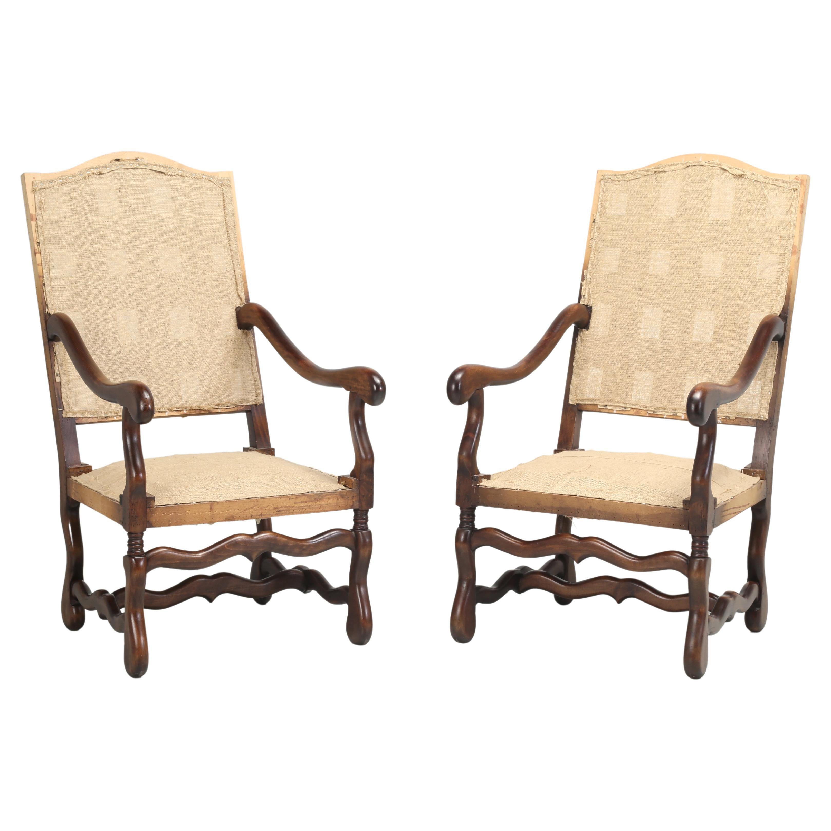 Pair French Os De Mouton Dining Arm Chairs with Restored Frames and Coil Springs For Sale