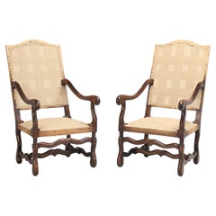 Pair French Os De Mouton Dining Arm Chairs with Restored Frames and Coil Springs
