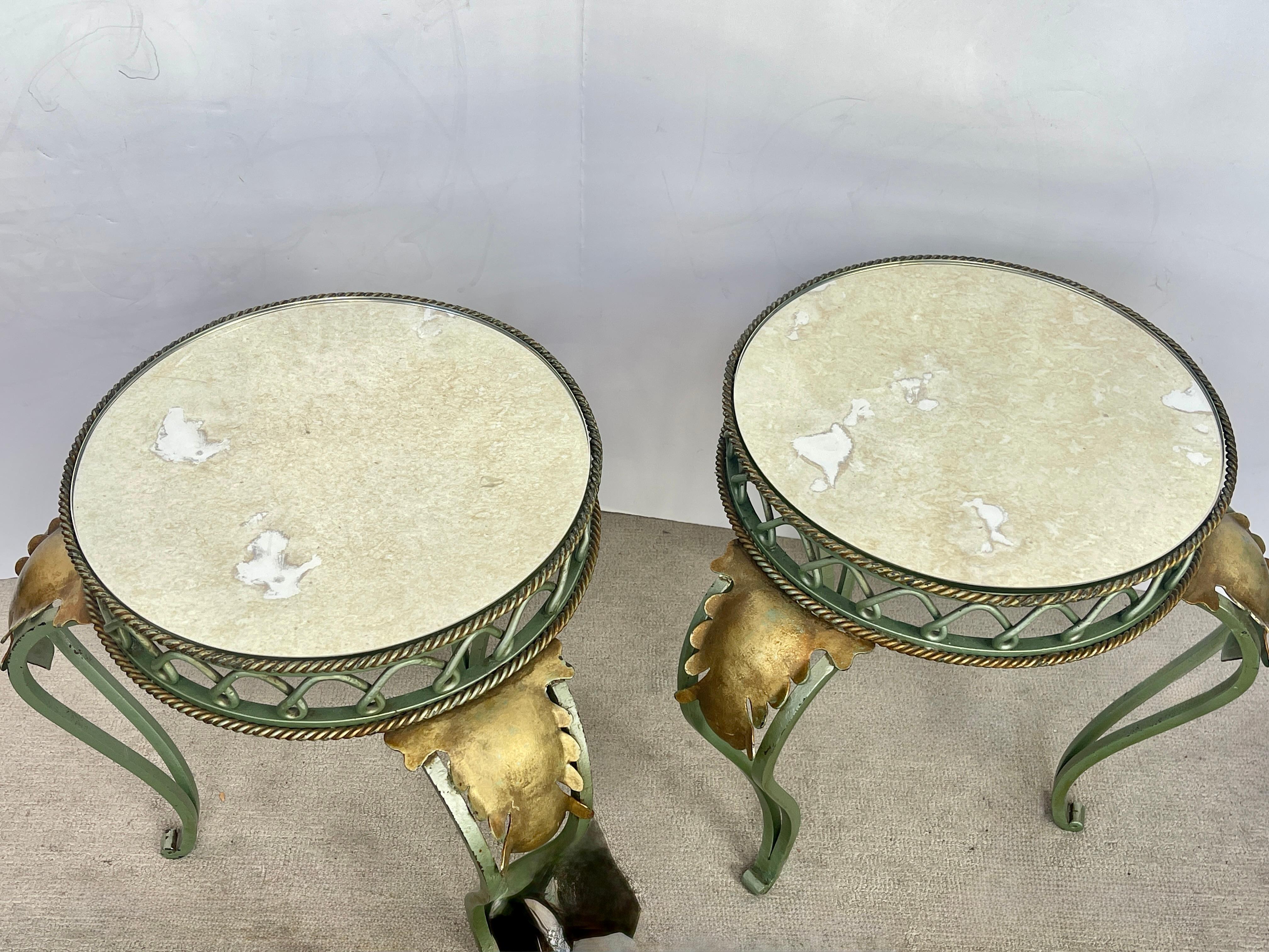Art Deco Pair French Painted & Gilt Wrought Iron Mirrored Martini Side Tables, 1940s For Sale
