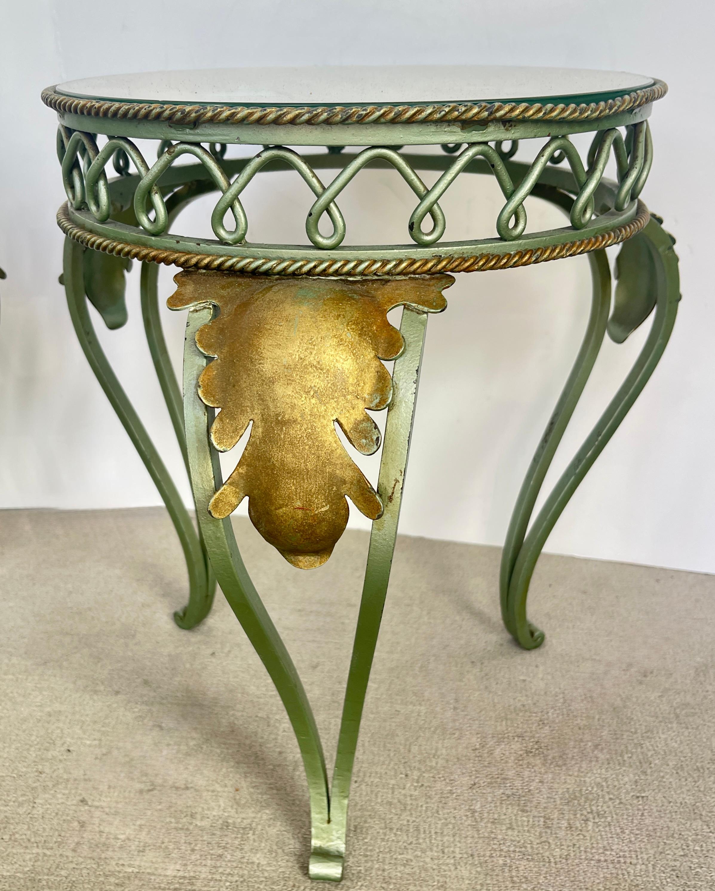 Hand-Crafted Pair French Painted & Gilt Wrought Iron Mirrored Martini Side Tables, 1940s For Sale