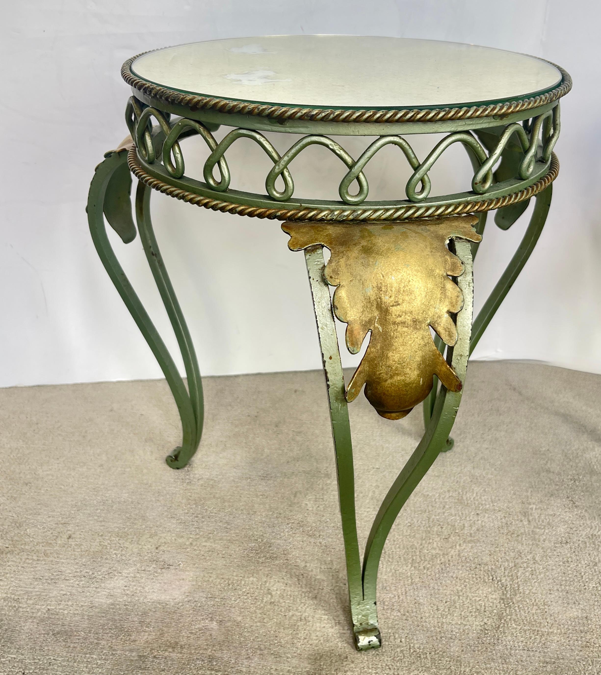 Pair French Painted & Gilt Wrought Iron Mirrored Martini Side Tables, 1940s In Good Condition For Sale In West Palm Beach, FL