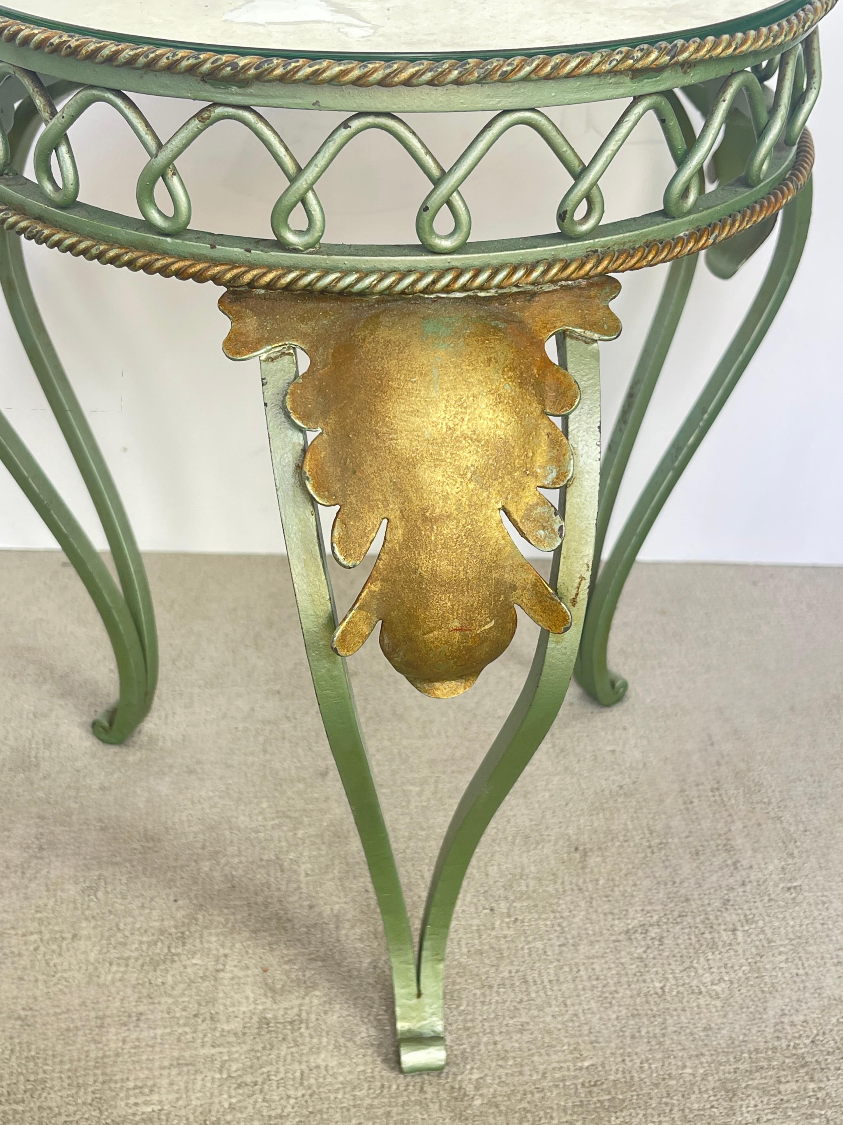 Mid-20th Century Pair French Painted & Gilt Wrought Iron Mirrored Martini Side Tables, 1940s For Sale