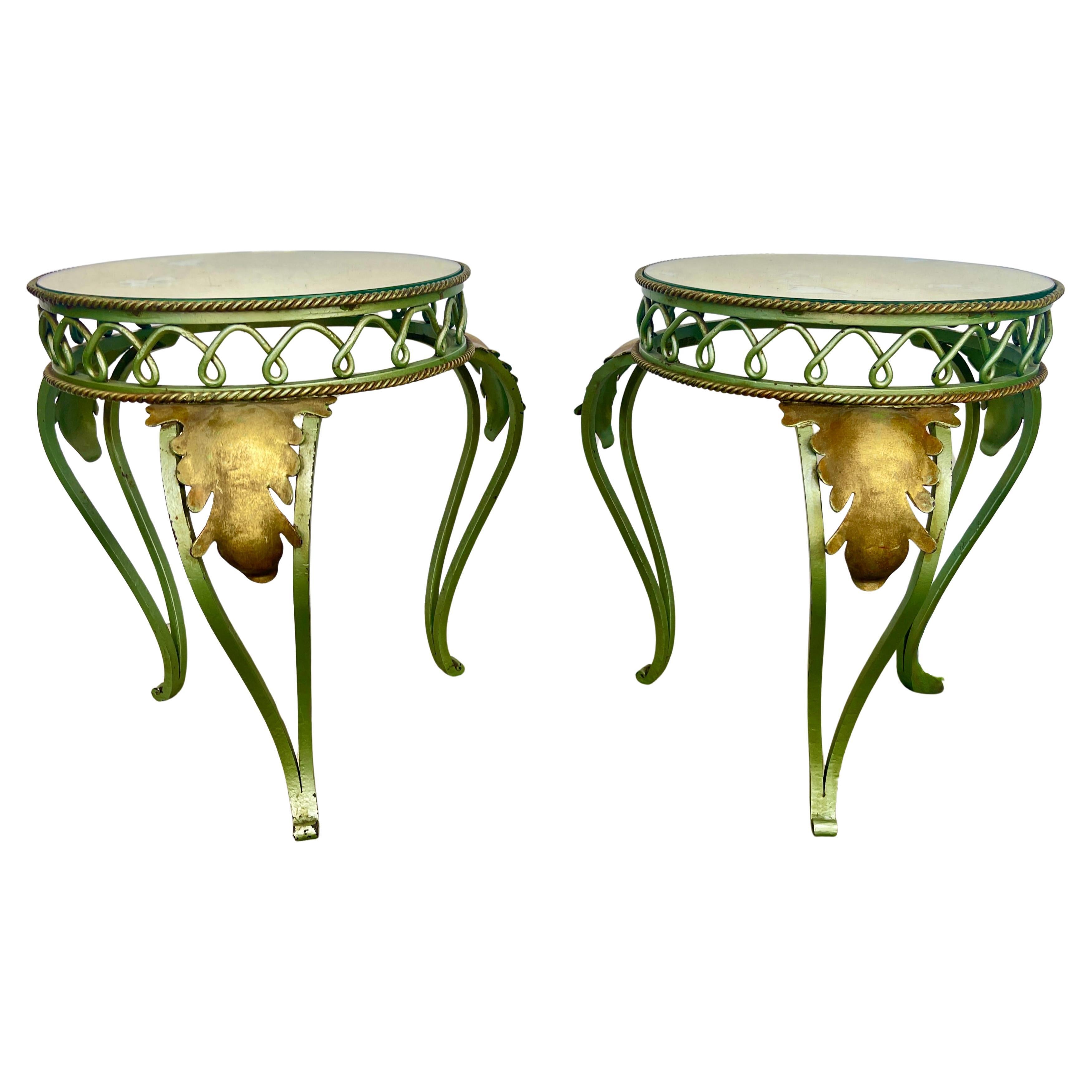 Pair French Painted 
Gilt Wrought Iron Mirrored Martini Side Tables, 1940s For Sale