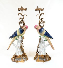 Pair French Parrot Candelabras Porcelain Bird Candlesticks