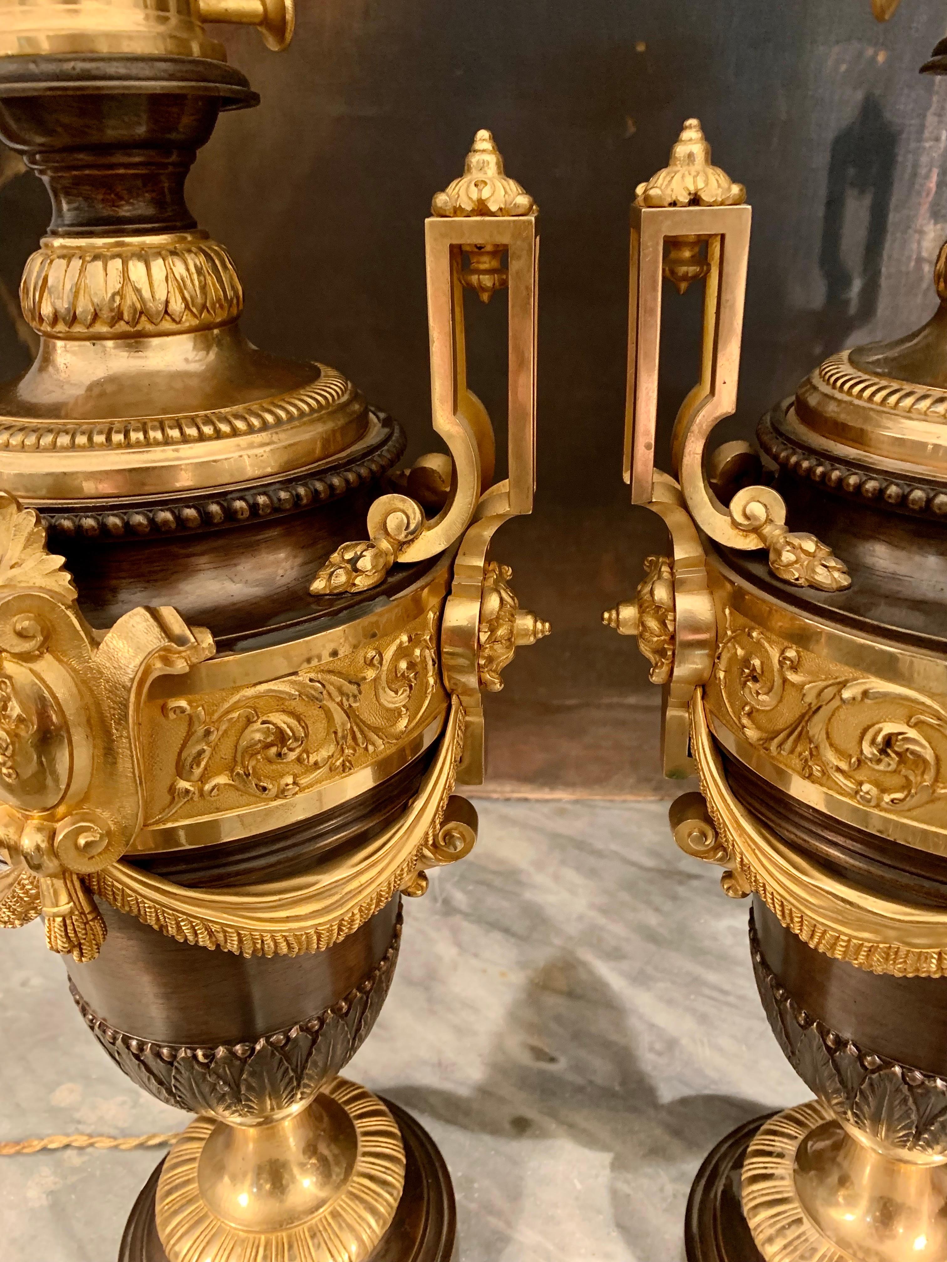Pair French Patinated Bronze and Ormolu Vases Mounted Table Lamps For Sale 1