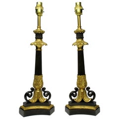 Pair of French Patinated Bronze Dore Ormolu Table Candlestick Lamps 19th Century