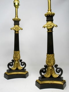 Pair of French Patinated Bronze Dore Ormolu Table Candlestick Lamps 19th Century