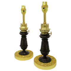 Pair French Patinated Bronze, Ormolu Electric Table Lamps Late 19th Century