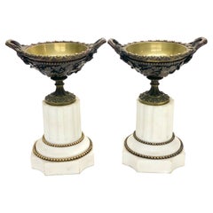 Pair French Patinated Bronze & White Marble Mounted Twin Handled Urns, 19th Cen
