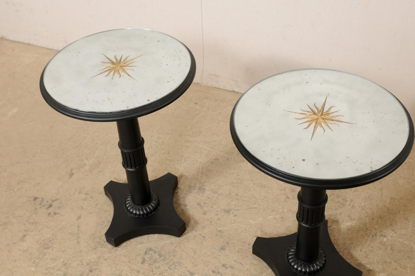 Pair French Pedestal Side Tables W/ Artisan-Crafted Gold Starburst Mirror Tops 6