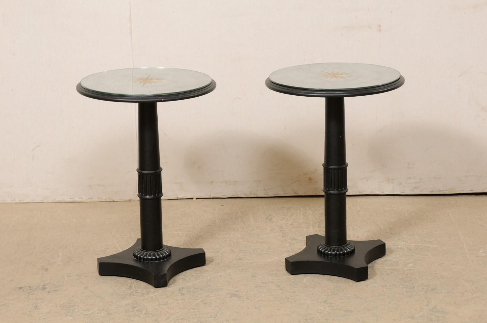 Pair French Pedestal Side Tables W/ Artisan-Crafted Gold Starburst Mirror Tops 1