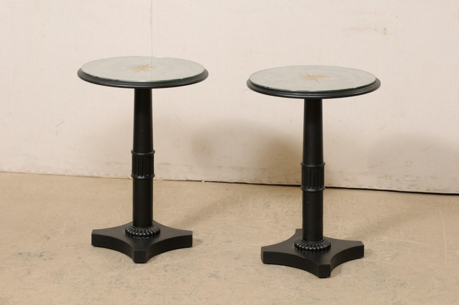 Pair French Pedestal Side Tables W/ Artisan-Crafted Gold Starburst Mirror Tops 3