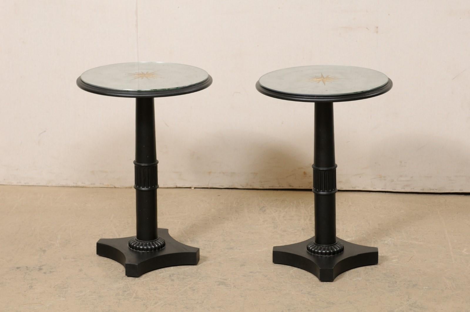 Pair French Pedestal Side Tables W/ Artisan-Crafted Gold Starburst Mirror Tops 4