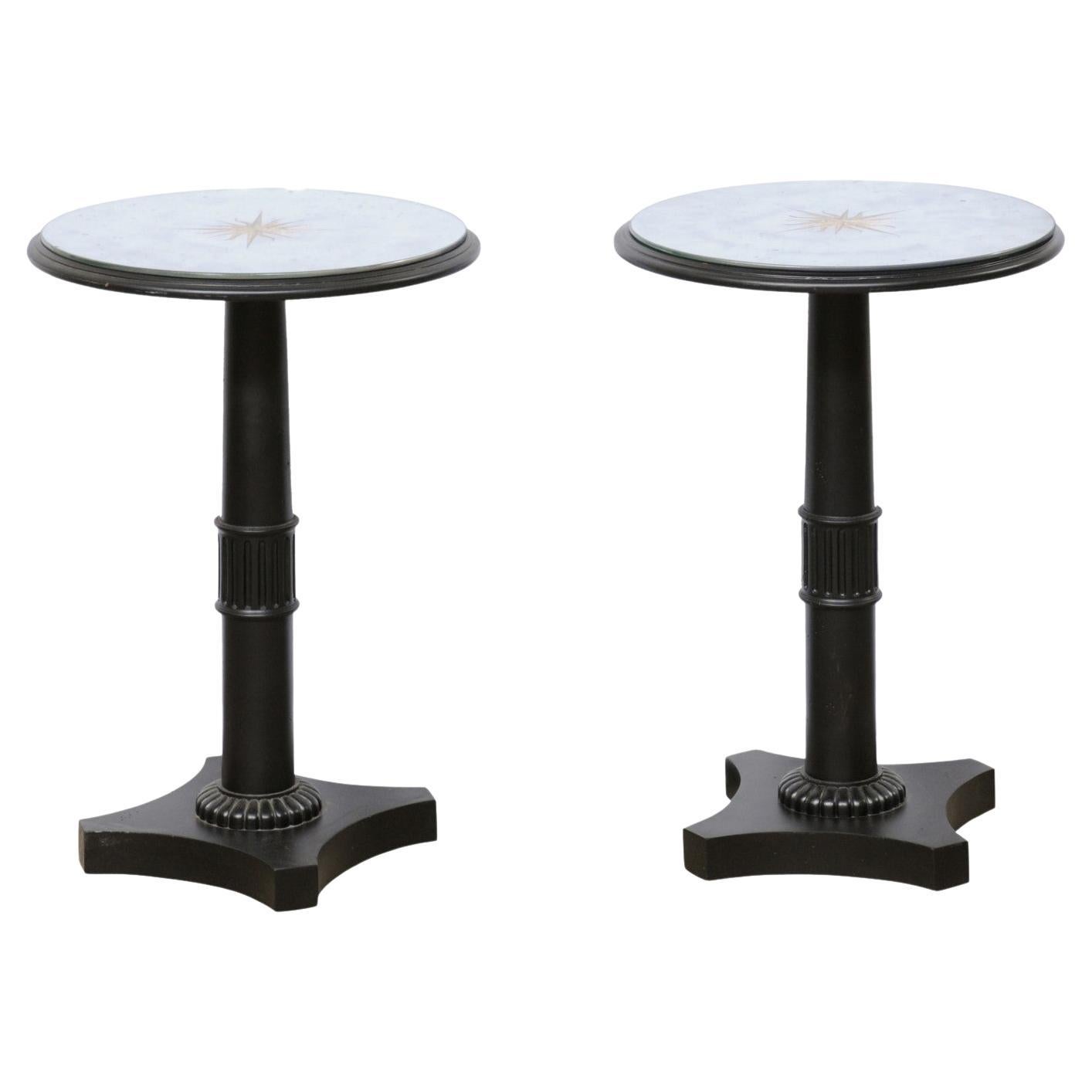 Pair French Pedestal Side Tables W/ Artisan-Crafted Gold Starburst Mirror Tops