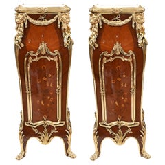 Antique Pair French Pedestal Stands Ormolu Inlay After Linke