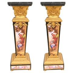 Pair French Pedestals Stands Gilt Bronze Porcelain Louis XVI