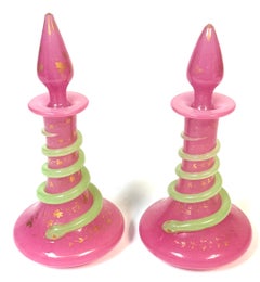 Pair French Pink Opaline Perfume Bottles with Green Serpents Attrib. Baccarat