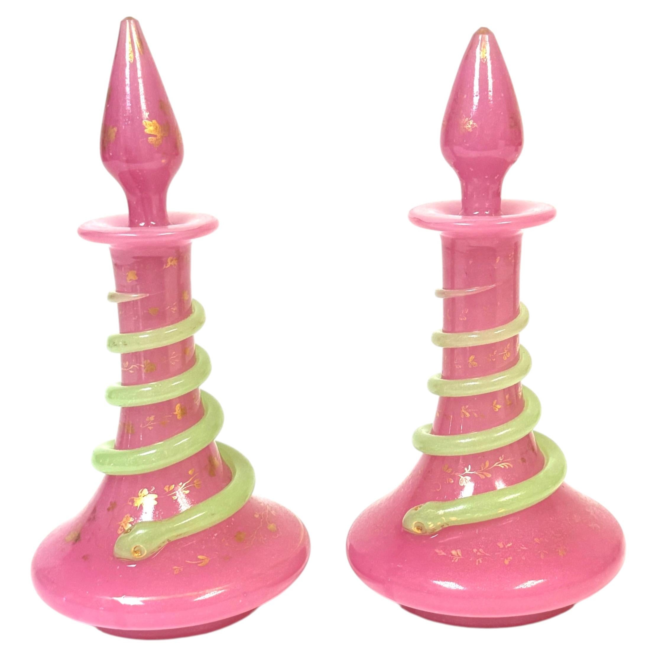 Pair French Pink Opaline Perfume Bottles with Green Serpents Attrib. Baccarat For Sale