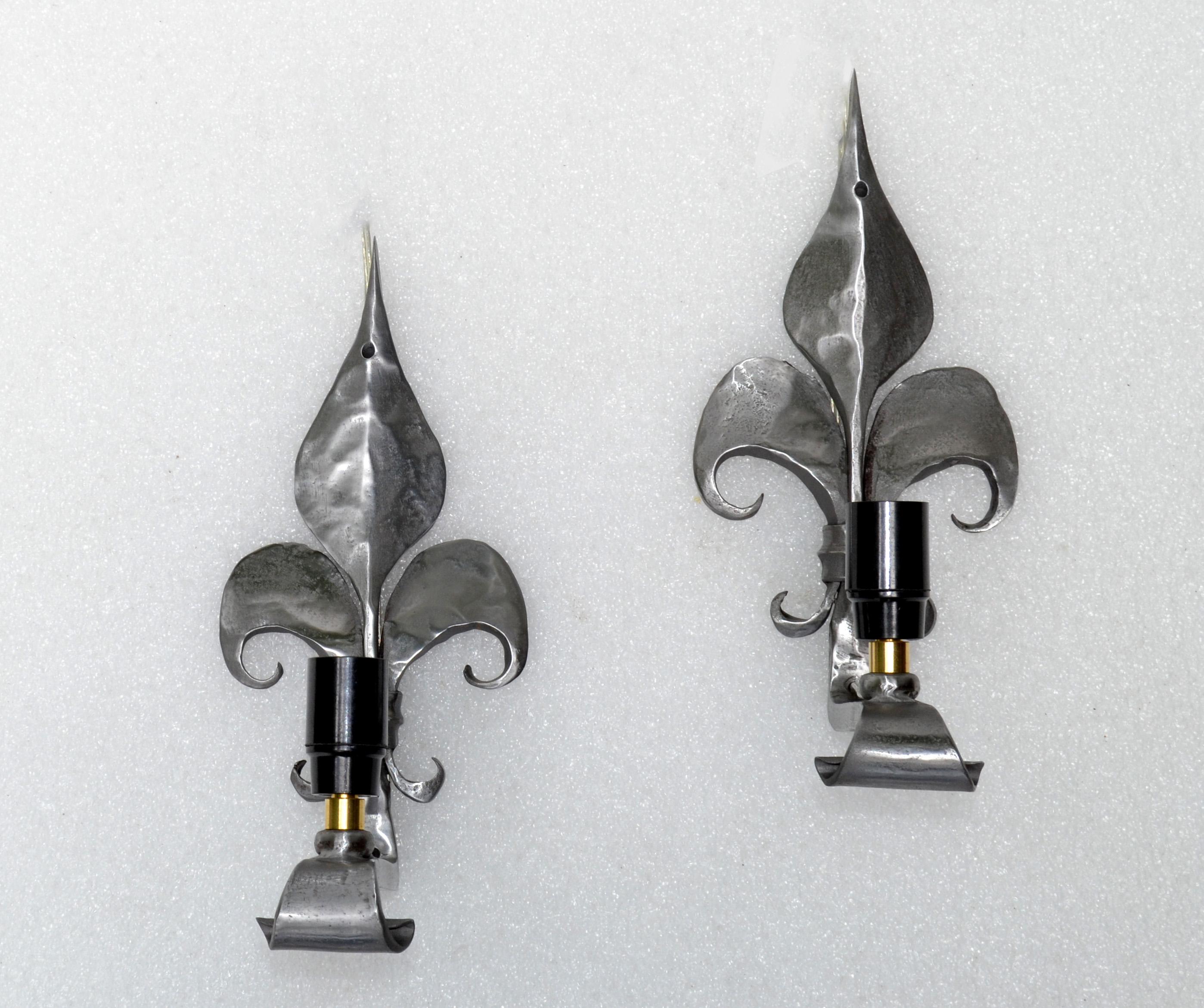 Hand-Crafted Pair, French Polished & Scrolled Steel 1 Light Sconces, Wall Lamps Neoclassical For Sale