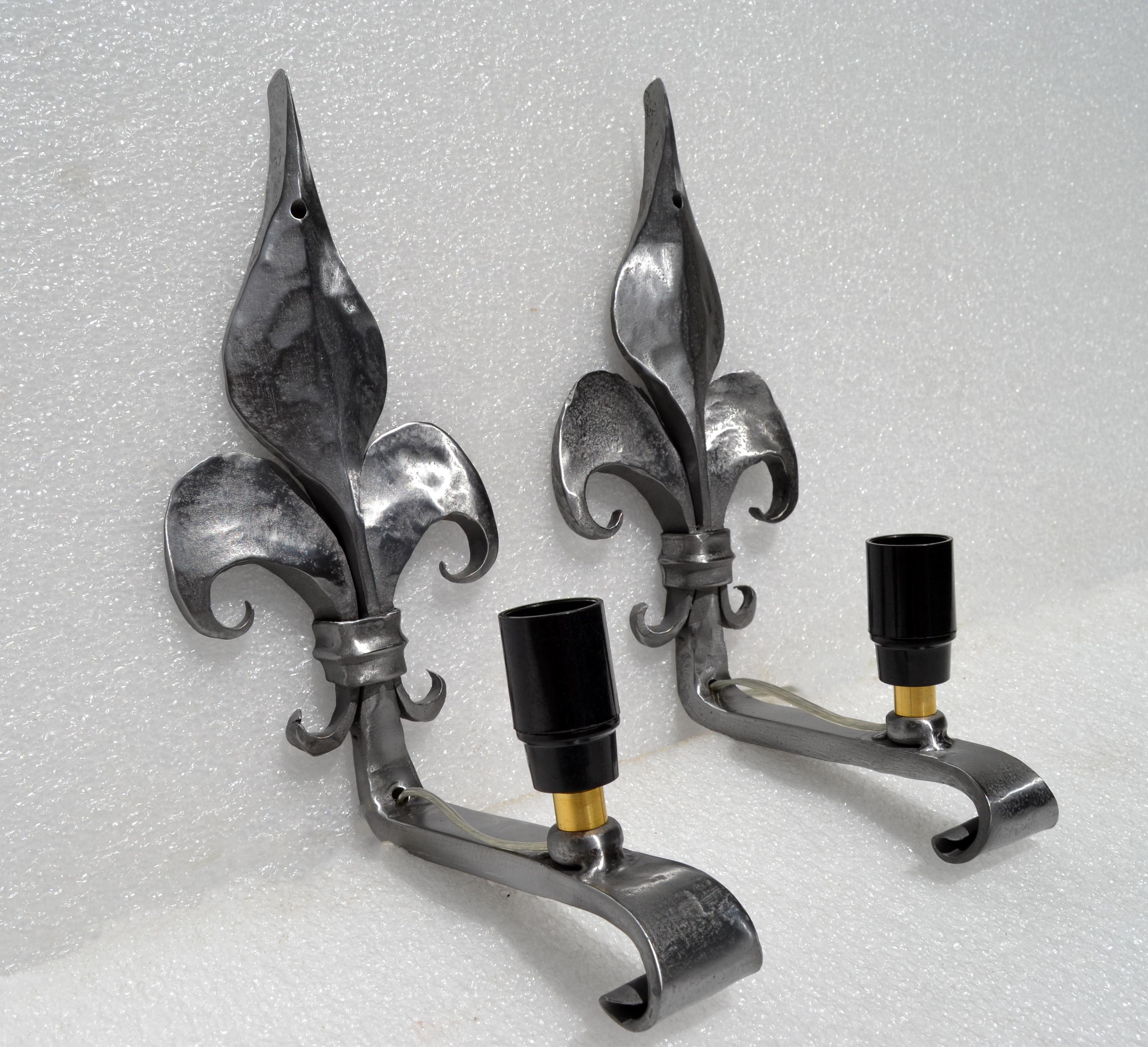 Pair, French Polished & Scrolled Steel 1 Light Sconces, Wall Lamps Neoclassical In Good Condition For Sale In Miami, FL