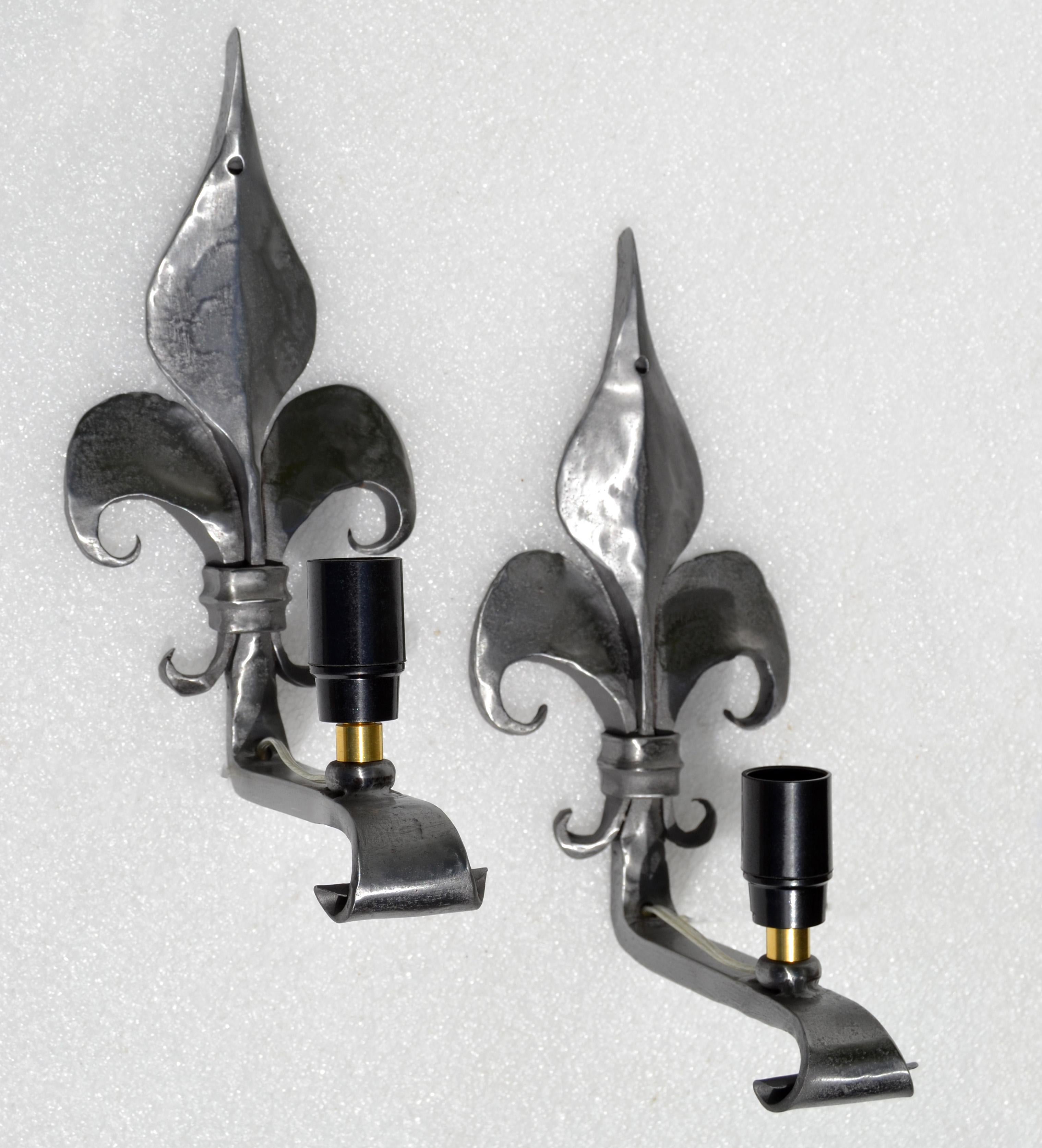 Pair, French Polished & Scrolled Steel 1 Light Sconces, Wall Lamps Neoclassical For Sale 1