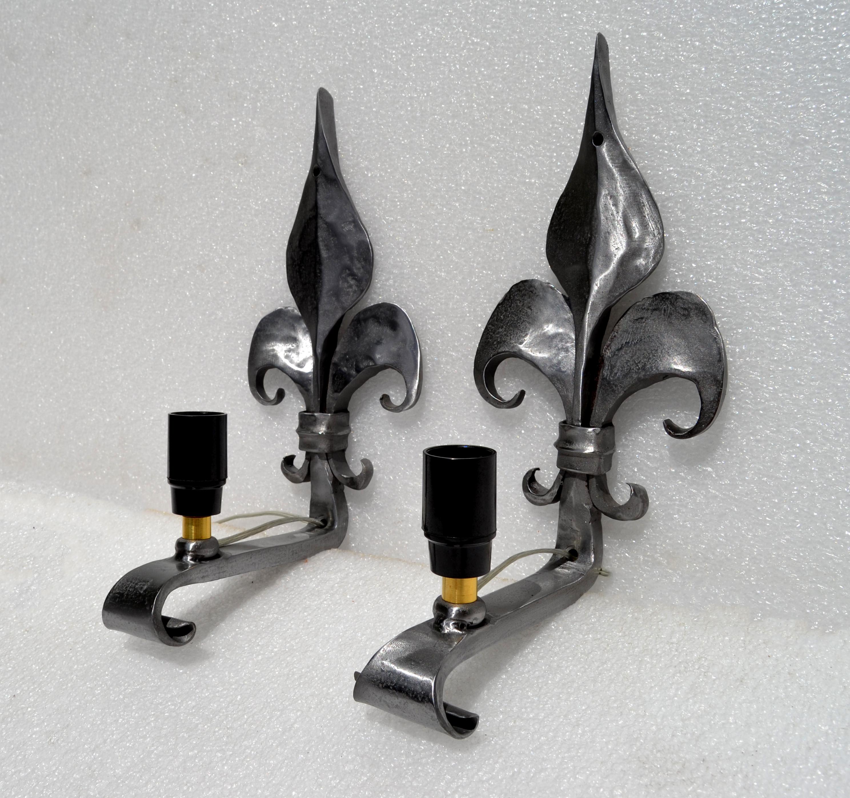 Pair, French Polished & Scrolled Steel 1 Light Sconces, Wall Lamps Neoclassical For Sale 2