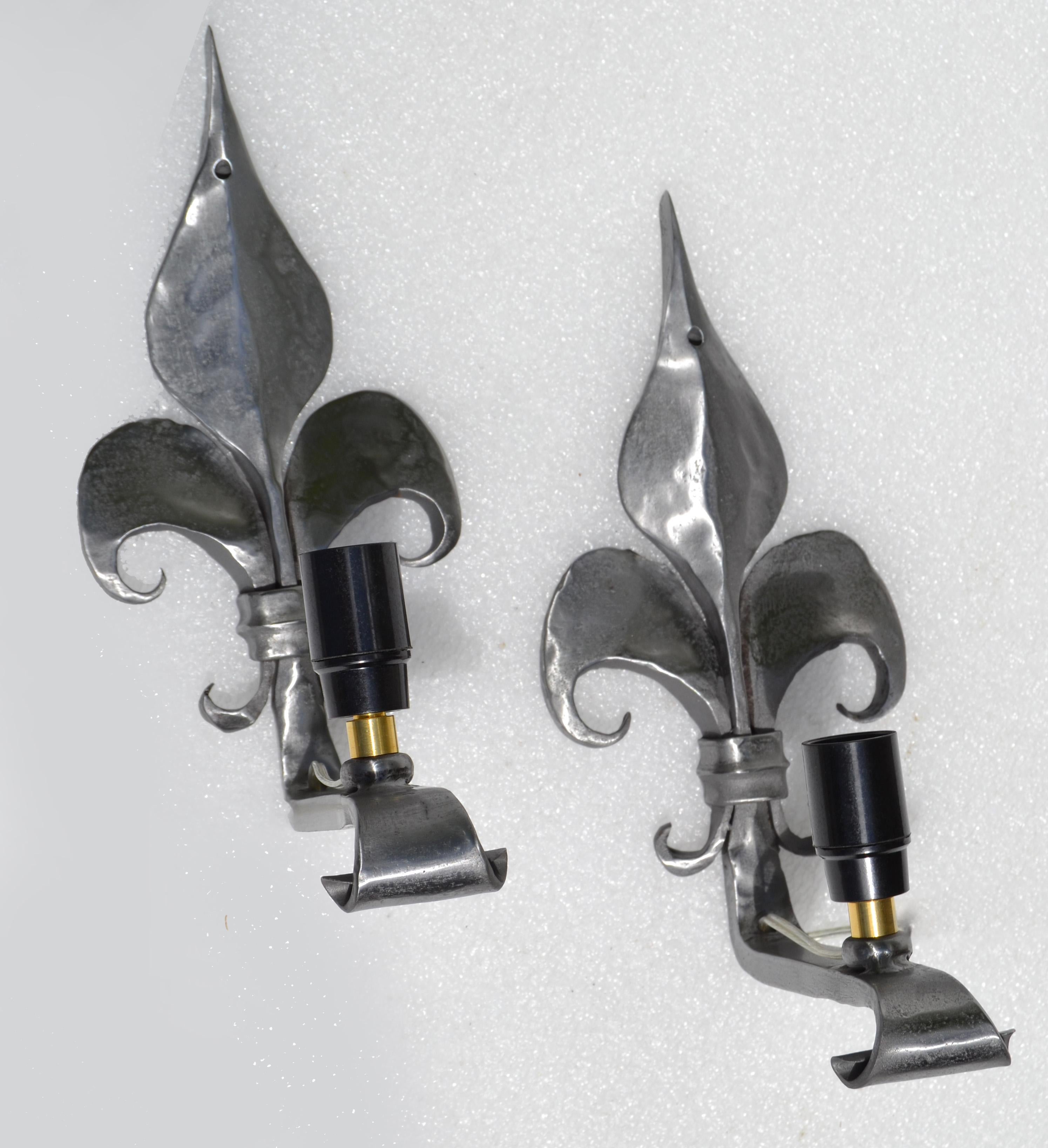 Pair, French Polished & Scrolled Steel 1 Light Sconces, Wall Lamps Neoclassical For Sale 3