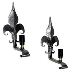 Vintage Pair, French Polished & Scrolled Steel 1 Light Sconces, Wall Lamps Neoclassical