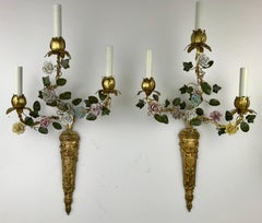 Pair French Polychrome and Porcelain Flower Sconces
