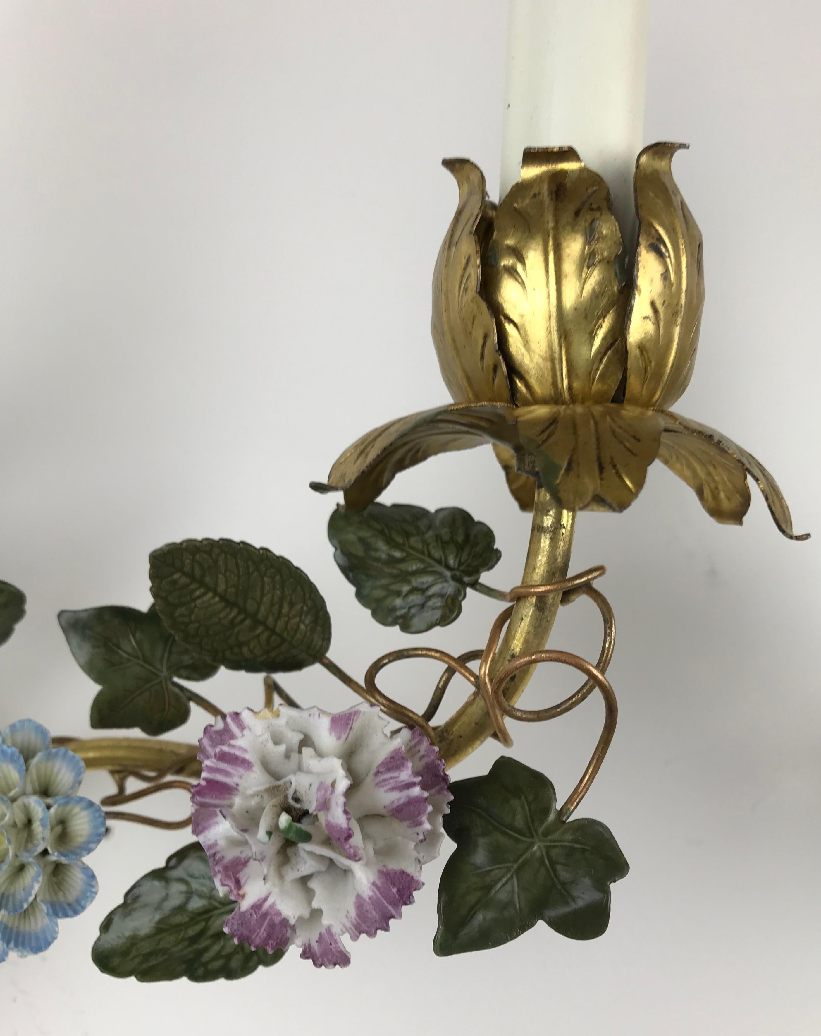 20th Century Pair French Polychrome and Porcelain Flower Sconces For Sale
