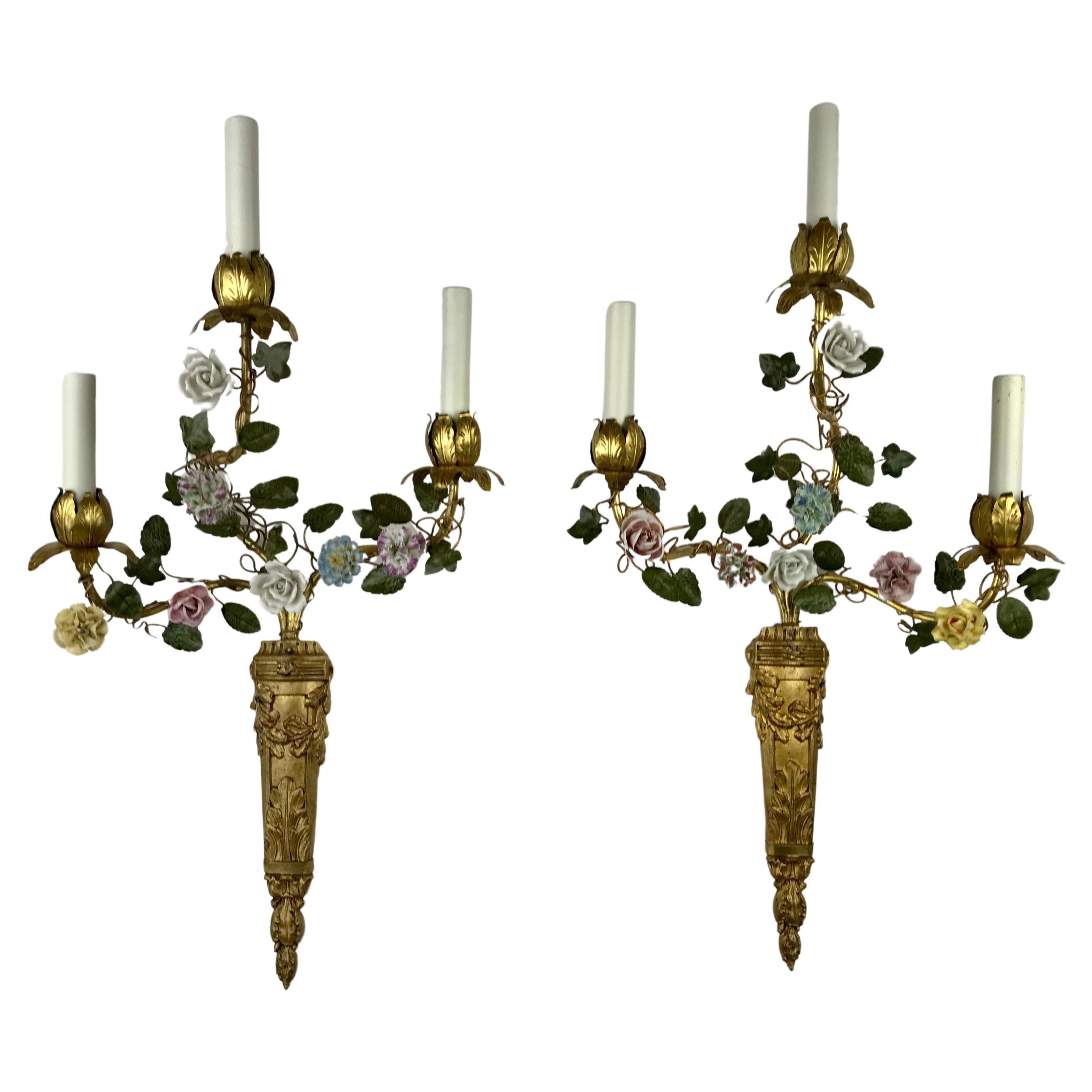 Pair French Polychrome and Porcelain Flower Sconces