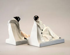 Pair of French Porcelain Art Deco Pierrot and Columbine Book Ends