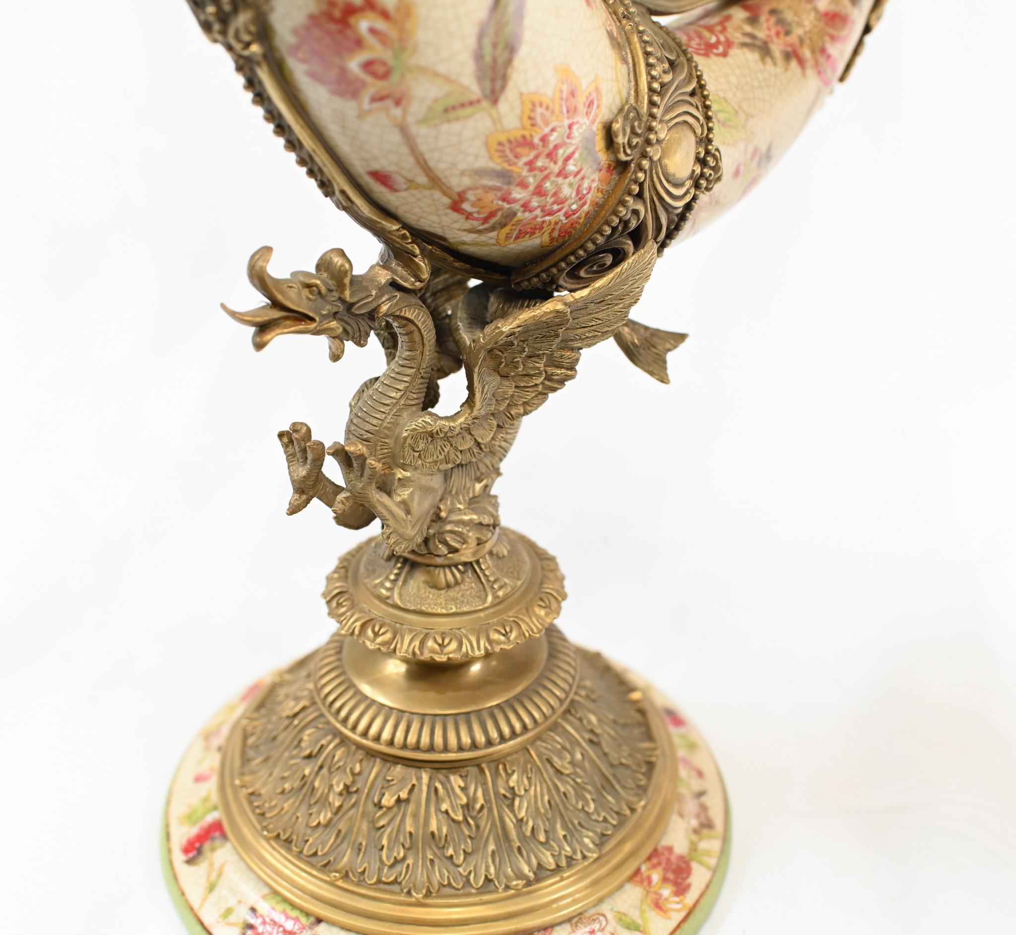 Late 20th Century Pair French Porcelain Cornucopia Vases Urns Ormolu Horn of Plenty