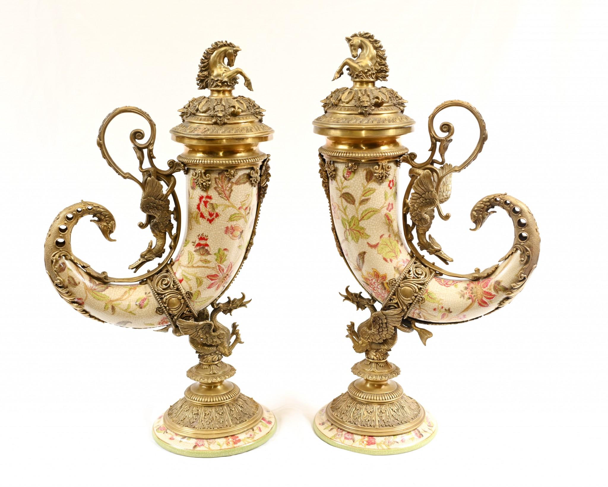 Pair French Porcelain Cornucopia Vases Urns Ormolu Horn of Plenty 2