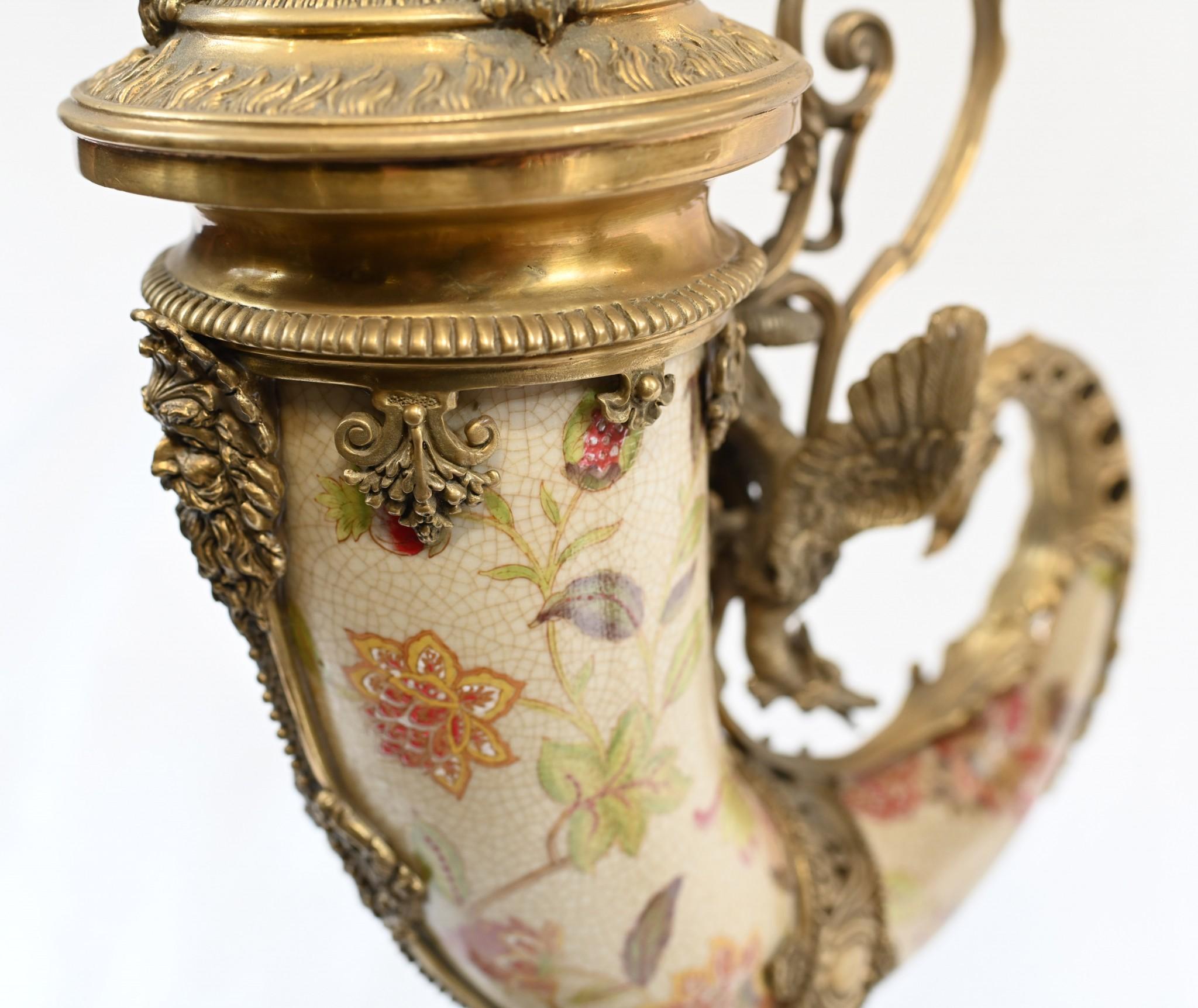 Pair French Porcelain Cornucopia Vases Urns Ormolu Horn of Plenty 4