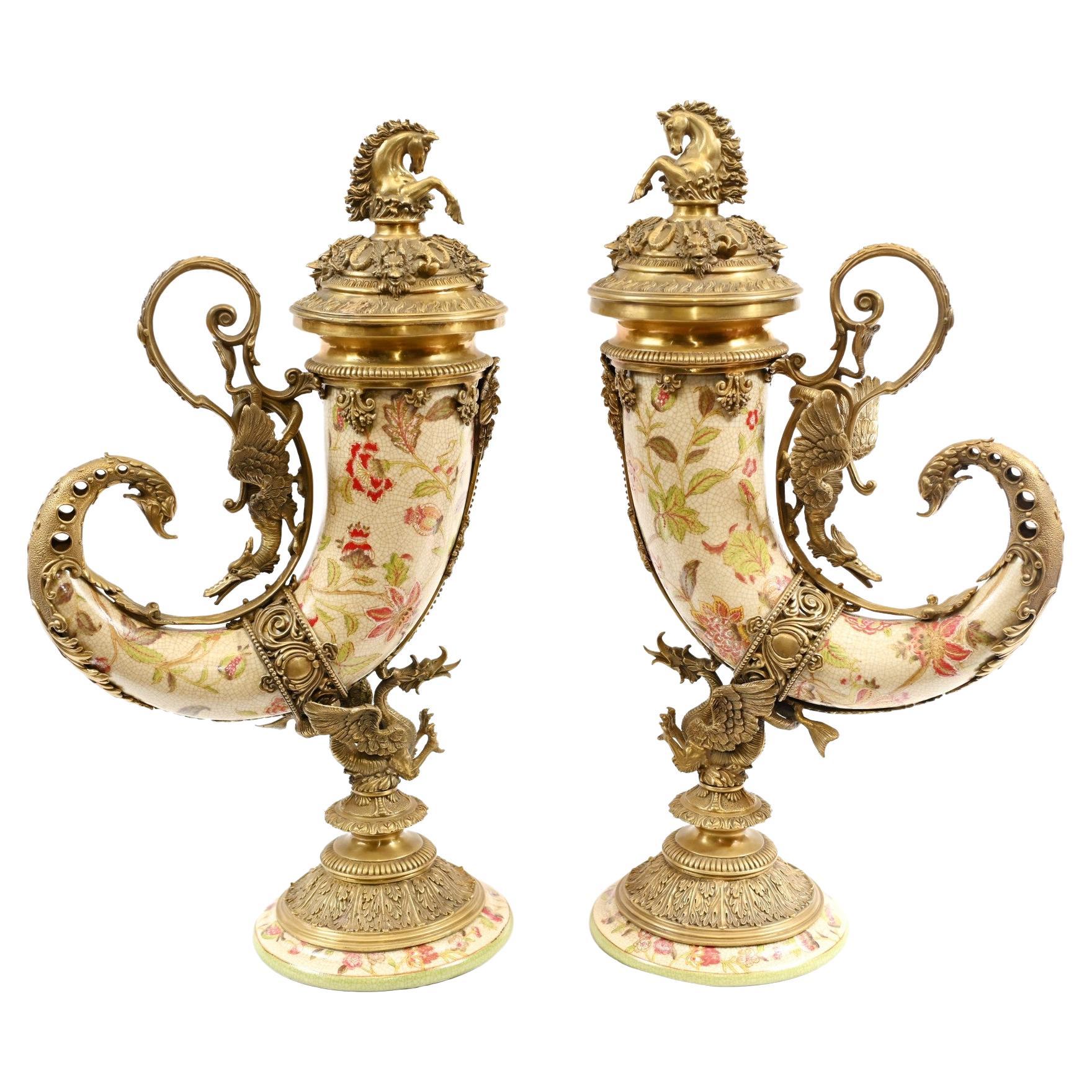 Pair French Porcelain Cornucopia Vases Urns Ormolu Horn of Plenty